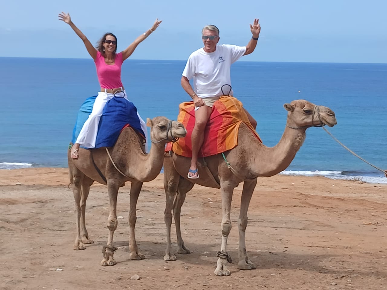 Guests riding camels on the Moroccan Atlantic coast