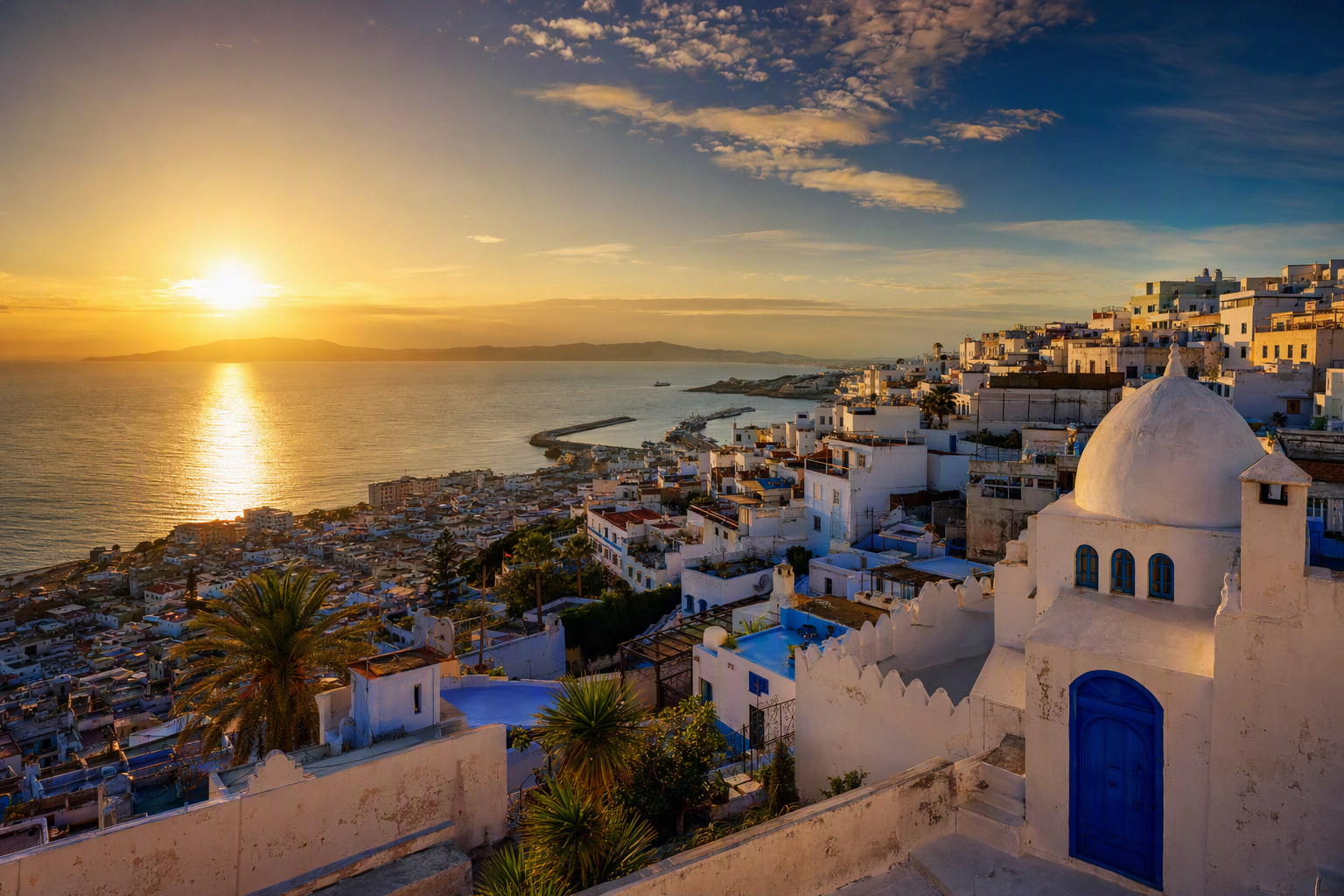 Golden sunset over Tangier's medina and the Strait of Gibraltar